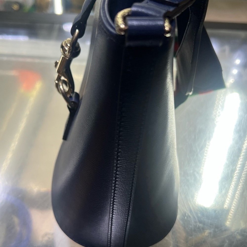 Women’s Navy Leather Bucket Bag with Green-Red Strap - Picture 6 of 16